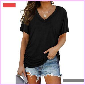 Women's V-Neck Dolman Top with Side Shirring Loose Fit T-Shirt